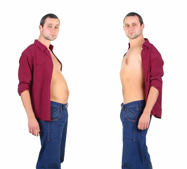 Homem de gordura para fitness em antes e depois — Fotografia de Stock