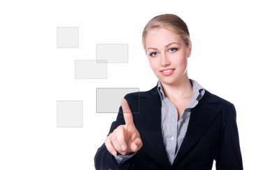 Businesswoman pressing a touchscreen button clipart