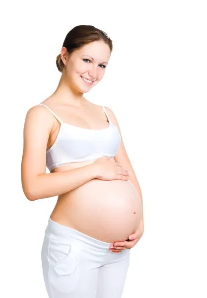 Mulher grávida segurando porquinho banco — Fotografia de Stock