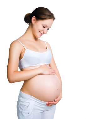 Pregnant woman holding piggy bank clipart