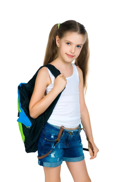 Мила школярка з рюкзаком — стокове фото