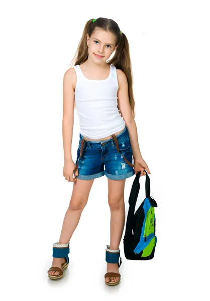 Escolar bonito com mochila — Fotografia de Stock