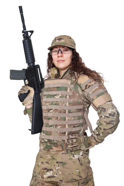 Linda menina do exército com rifle — Fotografia de Stock