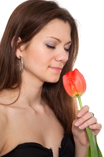 Menina beleza segurando única tulipa — Fotografia de Stock