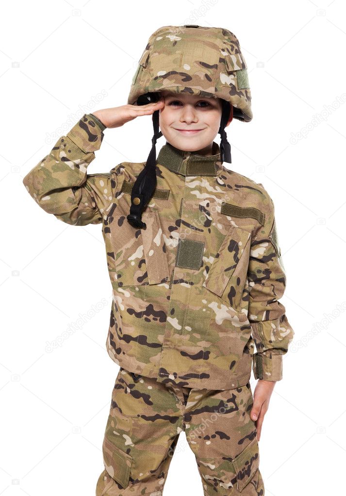 Saluting soldier. Young boy