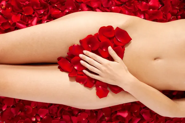 Belo corpo de mulher contra pétalas de rosas vermelhas — Fotografia de Stock