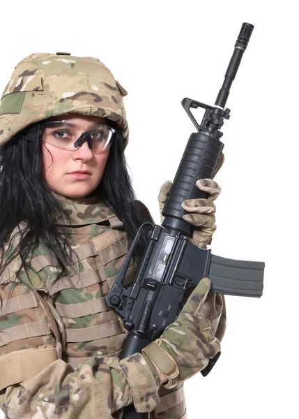 Linda menina do exército com rifle — Fotografia de Stock