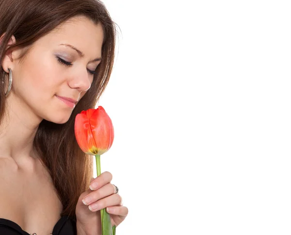 Menina beleza segurando única tulipa — Fotografia de Stock