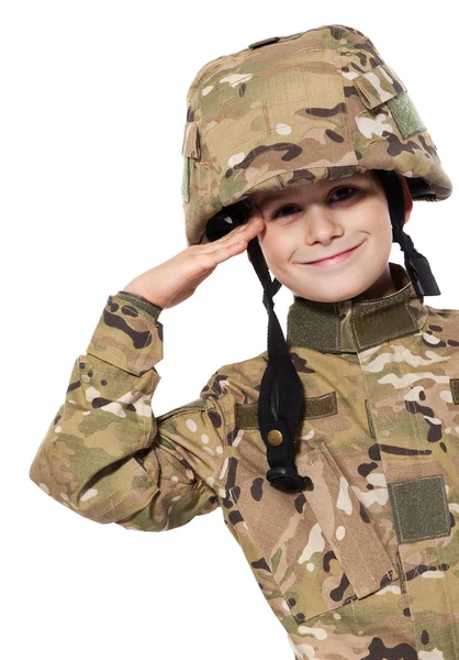 Saluting soldier. Young boy — Stock Photo, Image