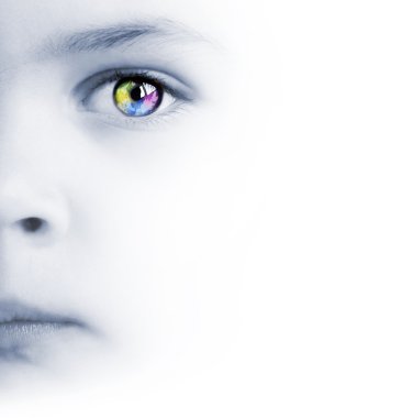 Child's face, colorful eye and map clipart