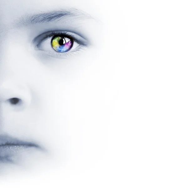 Kind gezicht, kleurrijke oog en kaart — Stockfoto