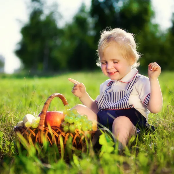 Μικρό αγόρι με ένα καλάθι με φρούτα — Φωτογραφία Αρχείου
