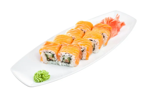 Sushi (Roll unagi maki syake) sobre um fundo branco — Fotografia de Stock