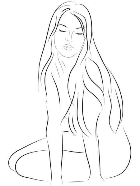 坐在后面的长头发的年轻裸体女孩 — 图库矢量图片