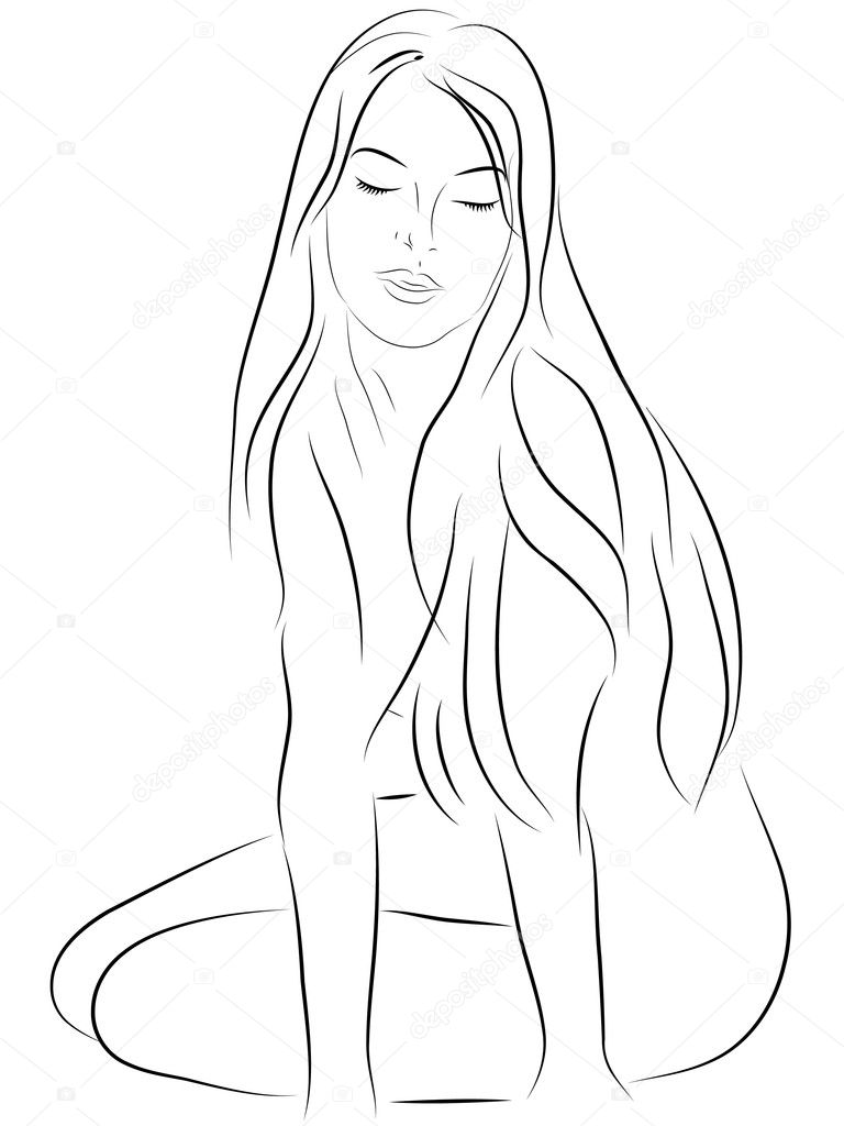 The young naked girl with long hair sitting a back
