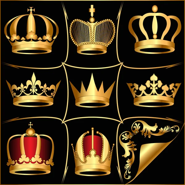 Set goldene (de) Kronen auf schwarzem Hintergrund — Stockvektor