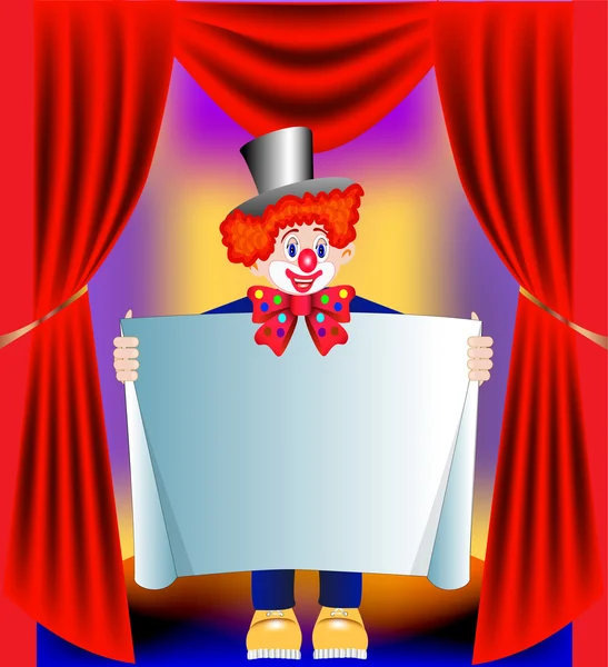Young amusing clown with pape — Stock Vector