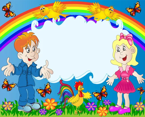 Bambini fortunati sullo sfondo dell'arcobaleno — Vettoriale Stock