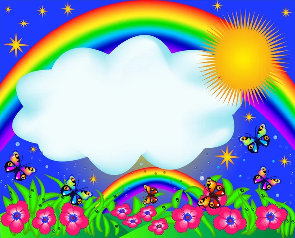 Campo com borboleta colorida e arco-íris — Vetor de Stock