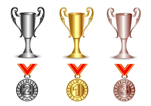 Oro, plata, copa de bronce y medallas — Vector de stock