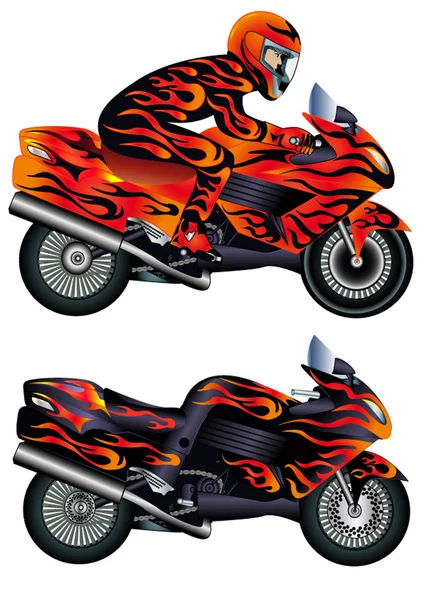 Motocicleta de velocidade com pessoa e pintor em chamas — Vetor de Stock