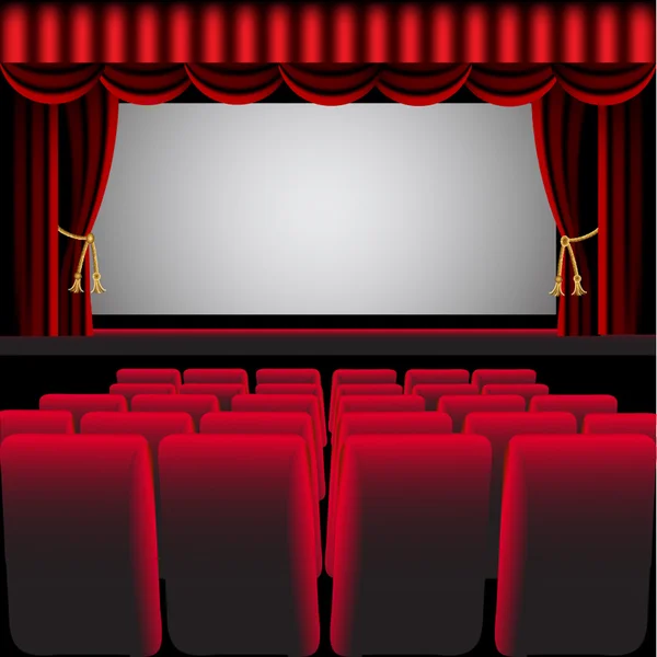 电影院大厅与红色帷幕和安乐椅 — 图库矢量图片
