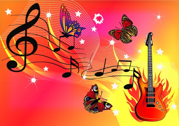 Music background with guitar butterfly and fire — Stock Vector