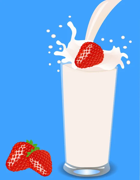 Fresas cae en la leche — Vector de stock