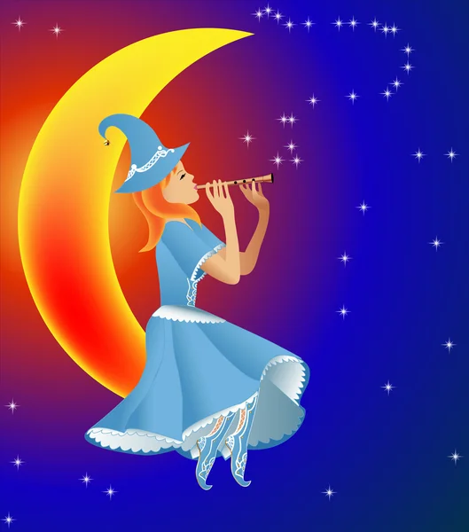 Fairy speelt op fluit tune sterren — Stockvector