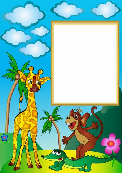 Cadre avec paume par girafe par singe et crocodile — Image vectorielle