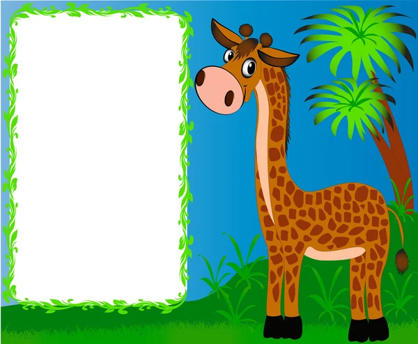 Frame nursery nice giraffe on background of the palms — Stock Vector