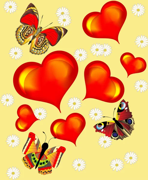 心の蝶と花の背景 — ストックベクタ