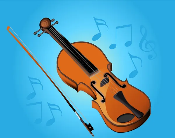 Violin bow and music on turn blue background — Stock Vector