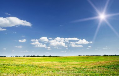View of mown field of wheat and amazing blue sky with white clou clipart