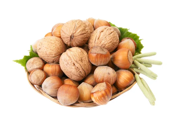 Ripe nuts in the brown basket. — Stock Photo, Image