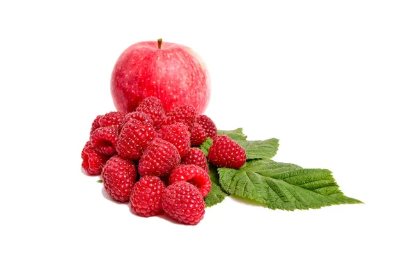Juicy,ripe apples and raspberries on a white. — Stock Photo, Image