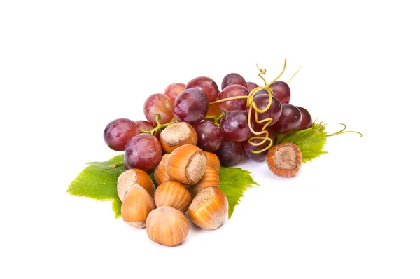 Ripe hazelnuts and juicy grapes on a white. — Stock Photo, Image