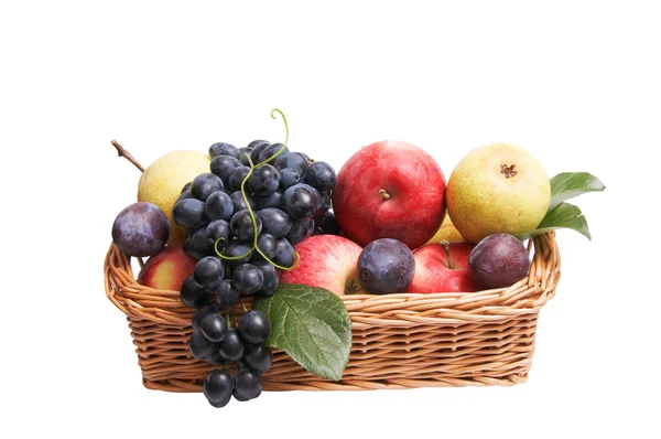 Ripe fruits at the wooden basket. — Stock Photo, Image