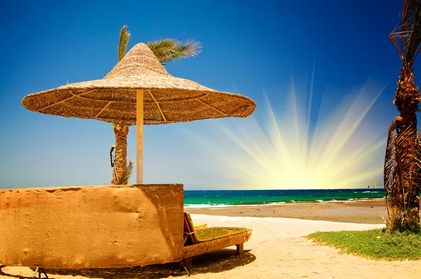 Palm, slunečník a moře proti modré obloze. — Stock fotografie