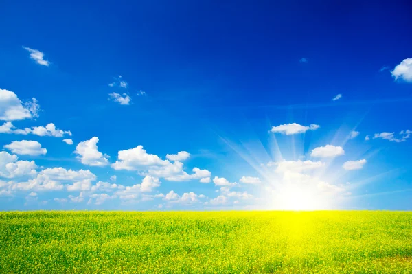 Meraviglioso campo di colza e paesaggio nuvoloso con raggi di sole . — Foto Stock