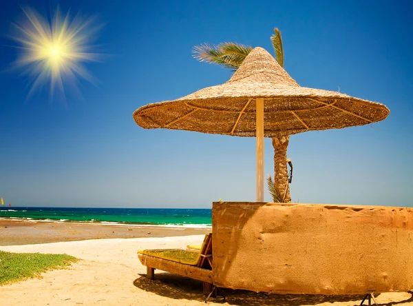 Palm, parasol en zee tegen blauwe hemel. — Stockfoto