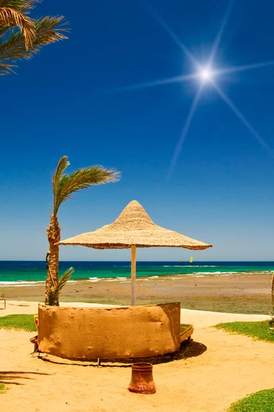 Palm, parasoll och havet mot blå himmel. — Stockfoto