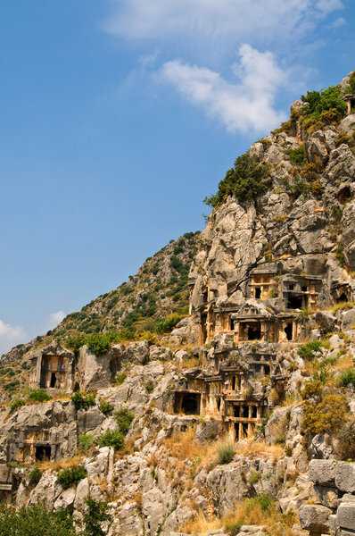 Historical tombs in the mountains near Myra town. Turkey.