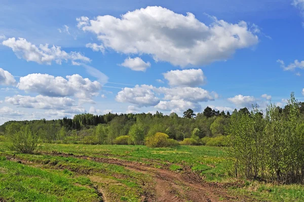 Estrada rural e nuvens no céu azul — Fotografia de Stock
