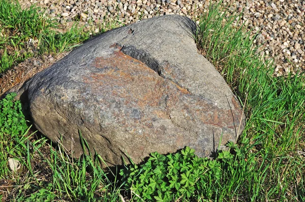 Большой камень в зеленой траве — стоковое фото