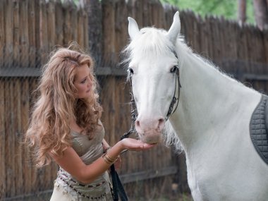 Rural pretty girl with a stallion clipart