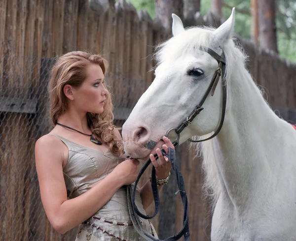 Rural pretty girl with a stallion — Stock Photo, Image