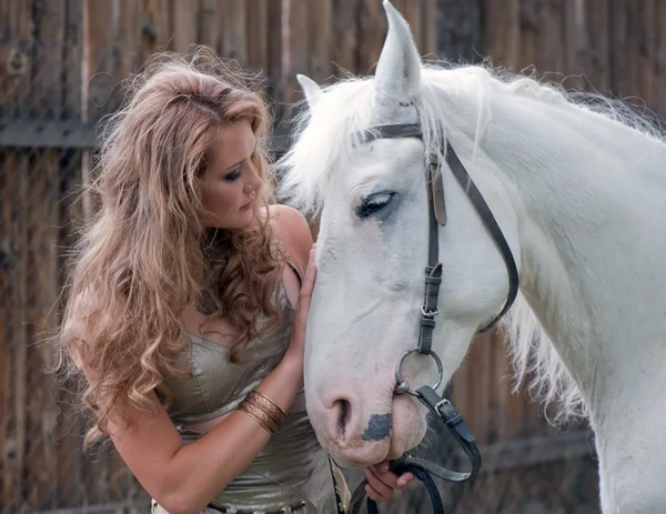 Rural pretty girl with a stallion — Stock Photo, Image