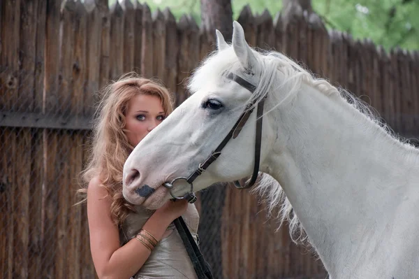 種馬と農村のかわいい女の子 — ストック写真