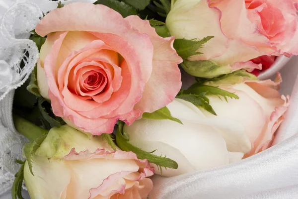 Білий шовк з мереживом і трояндою — стокове фото